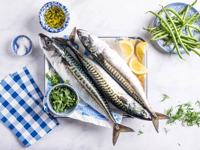 To makrellfisker ligger på et fat med sitronbåter, urter og en skål med salt, omgitt av grønne planter og kjøkkenutstyr.