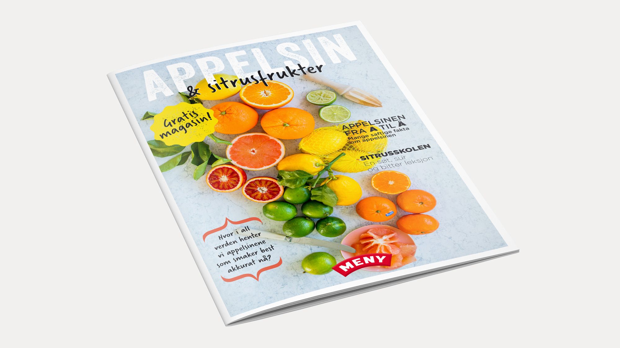 En brosjyre eller katalog med bilder av ulike sitrusfrukter, som sitron, lime, grapefrukt og appelsin, med tekst og priser.