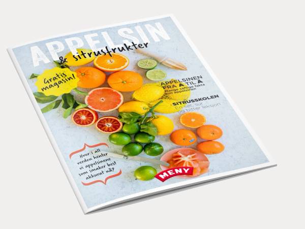 En brosjyre eller katalog med bilder av ulike sitrusfrukter, som sitron, lime, grapefrukt og appelsin, med tekst og priser.