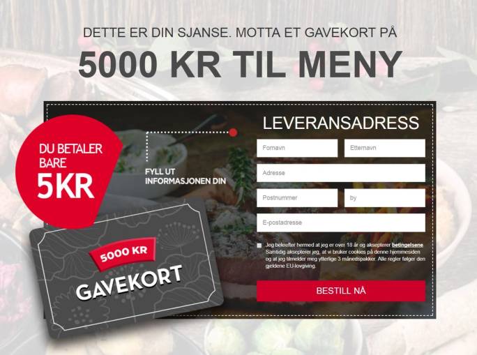Et bilde av et falskt gavekort på 5000 kr med teksten 'Du betaler bare 5 kr' og felter for leveringsadresse.