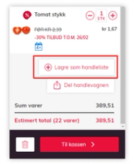 Skjermbilde av en handleliste med en knapp for å lagre som handleliste og en totalpris på 389,51 kroner.