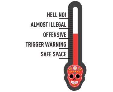 Et termometer med nivåer som viser fra safe space til hell no, med en dekorativ skalle nederst.