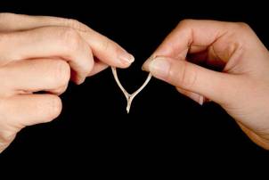 To personer holder et kalkunbein som er delt, som en del av Thanksgiving-tradisjonen, mot en svart bakgrunn.