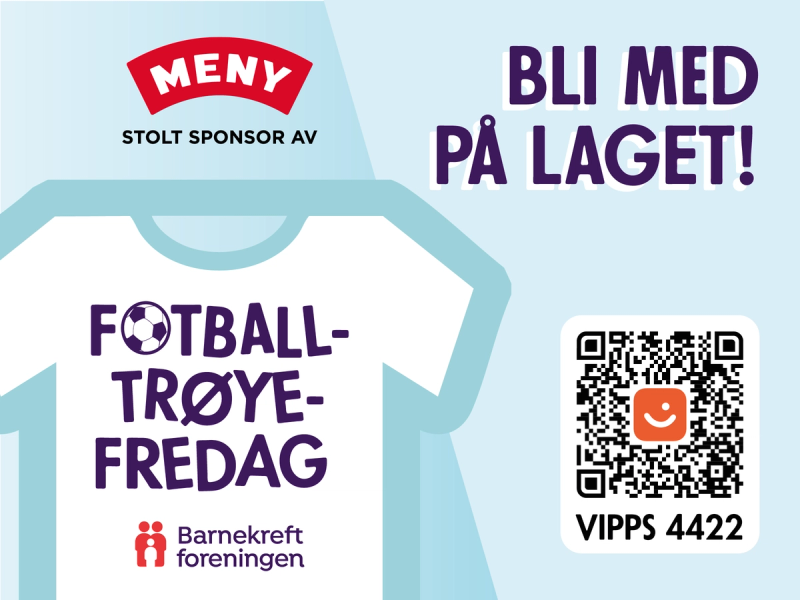 En plakat som inviterer til fotballtrøyefredag med teksten 'Bli med på laget!' og en QR-kode, organisert av Barnekreftforeningen.
