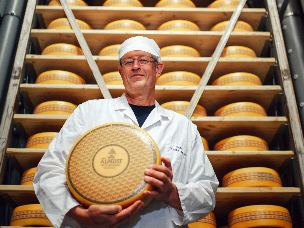 Person i hvit frakk holder en stor rund alpeost på et meieri, omgitt av flere oster på hyller.