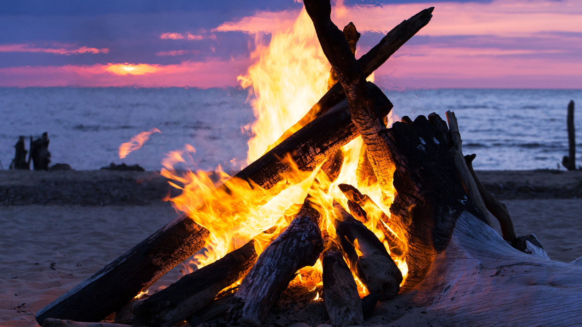 Bål med store flammer på en strand under solnedgang, feiring av sankthans.