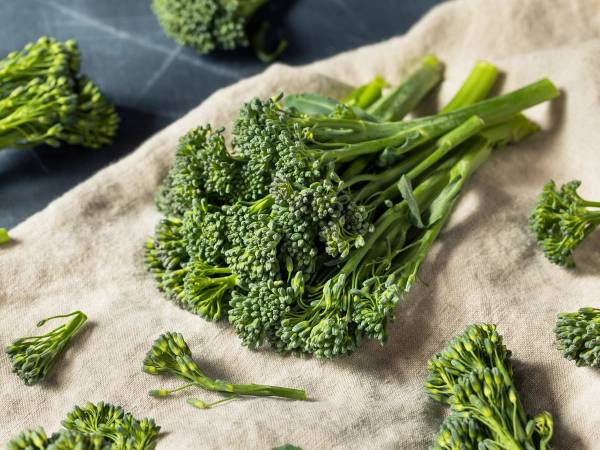Ferske broccolibuketter liggende på et kjøkkenhåndkle med noen små blomsterbuketter rundt