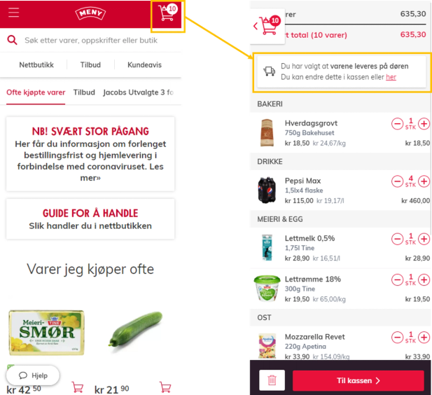 Mobil med en app som sjekker om varen kan leveres til døren, med en handlekurv-ikon øverst på skjermen.