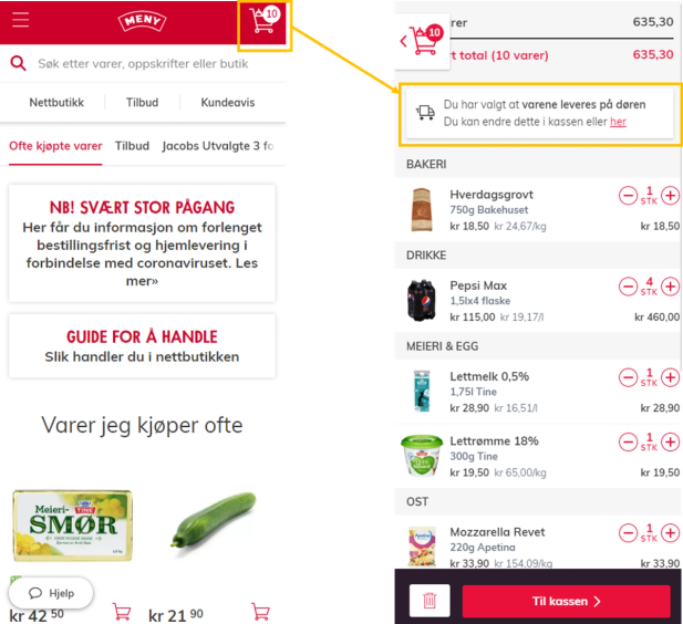 Mobil med en app som sjekker om varen kan leveres til døren, med en handlekurv-ikon øverst på skjermen.