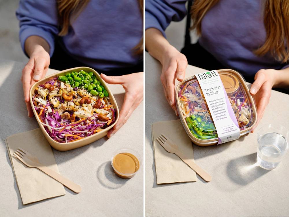 To bilder av en matboks med fargerike salater, der den ene er åpen og den andre er lukket med en etikett, og en person holder dem.