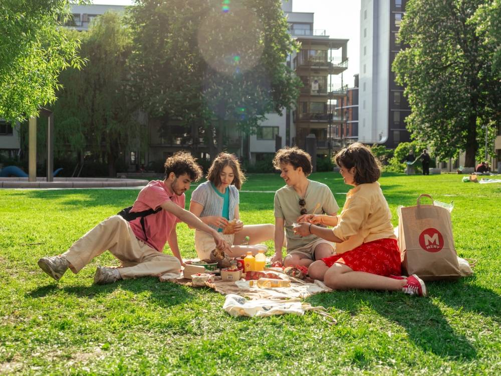 Fire personer har piknik på gresset i en park med trær og bygninger i bakgrunnen.