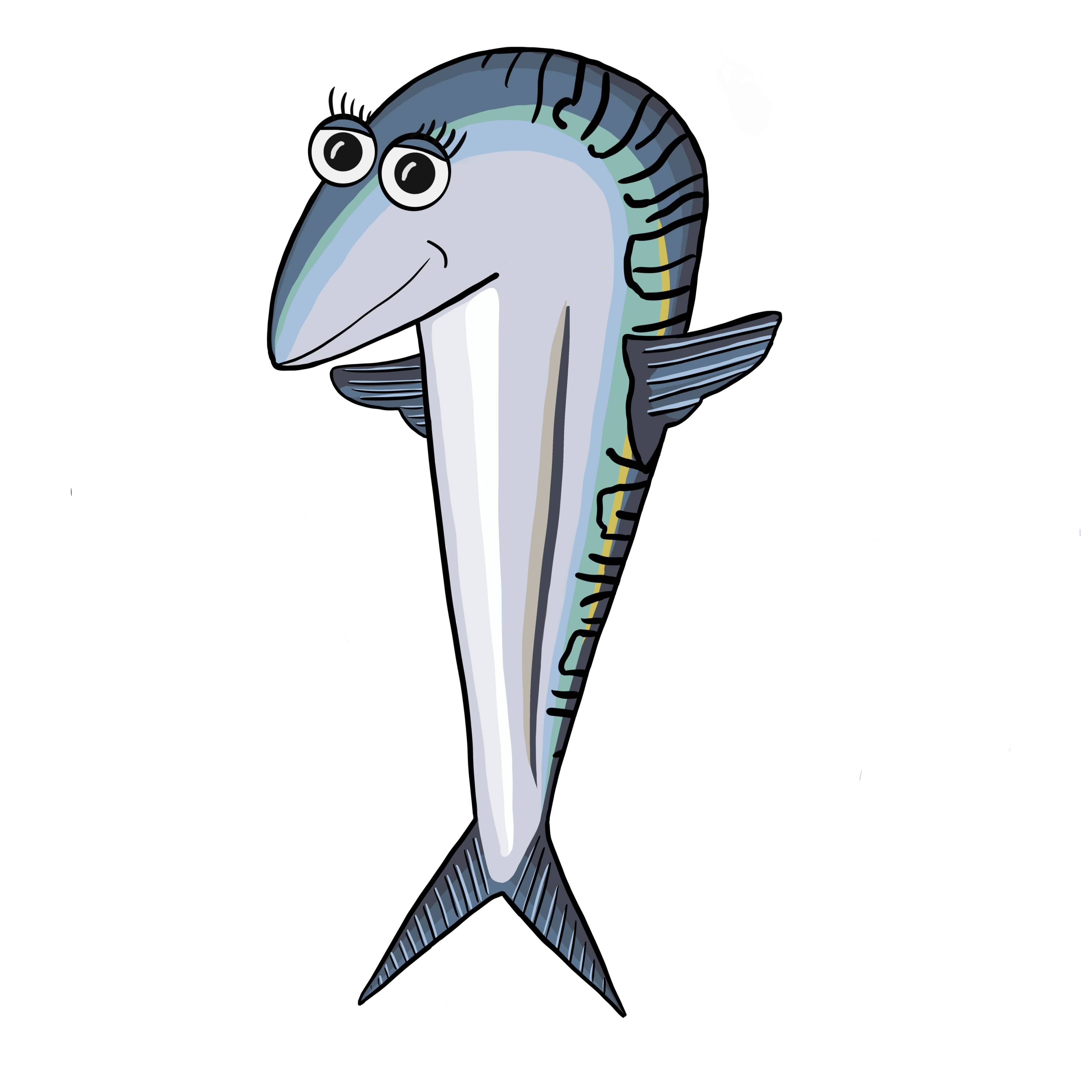 En tegneserieaktig fisk med store øyne og blågrønn kropp, som ser vennlig ut.