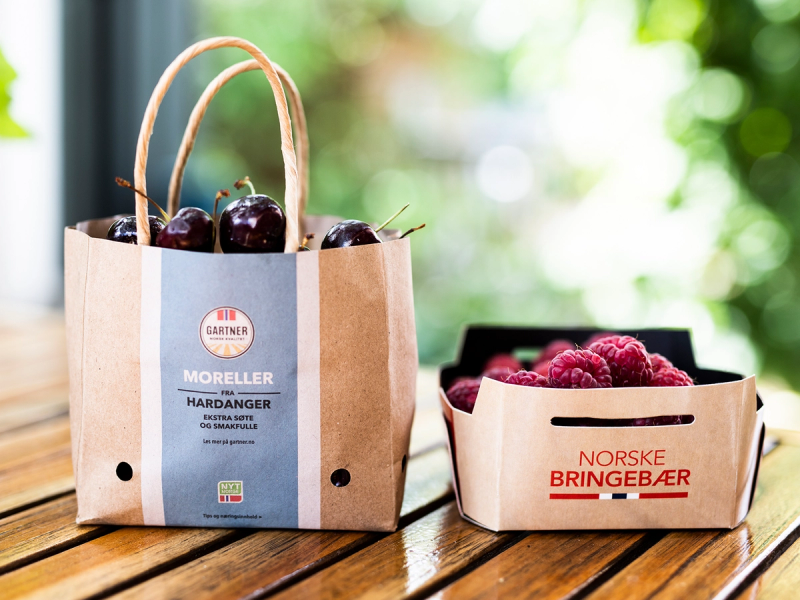 To pappkasser med bær, en med moreller og en med bringebær, plassert på et trebord med grønt ute i bakgrunnen.