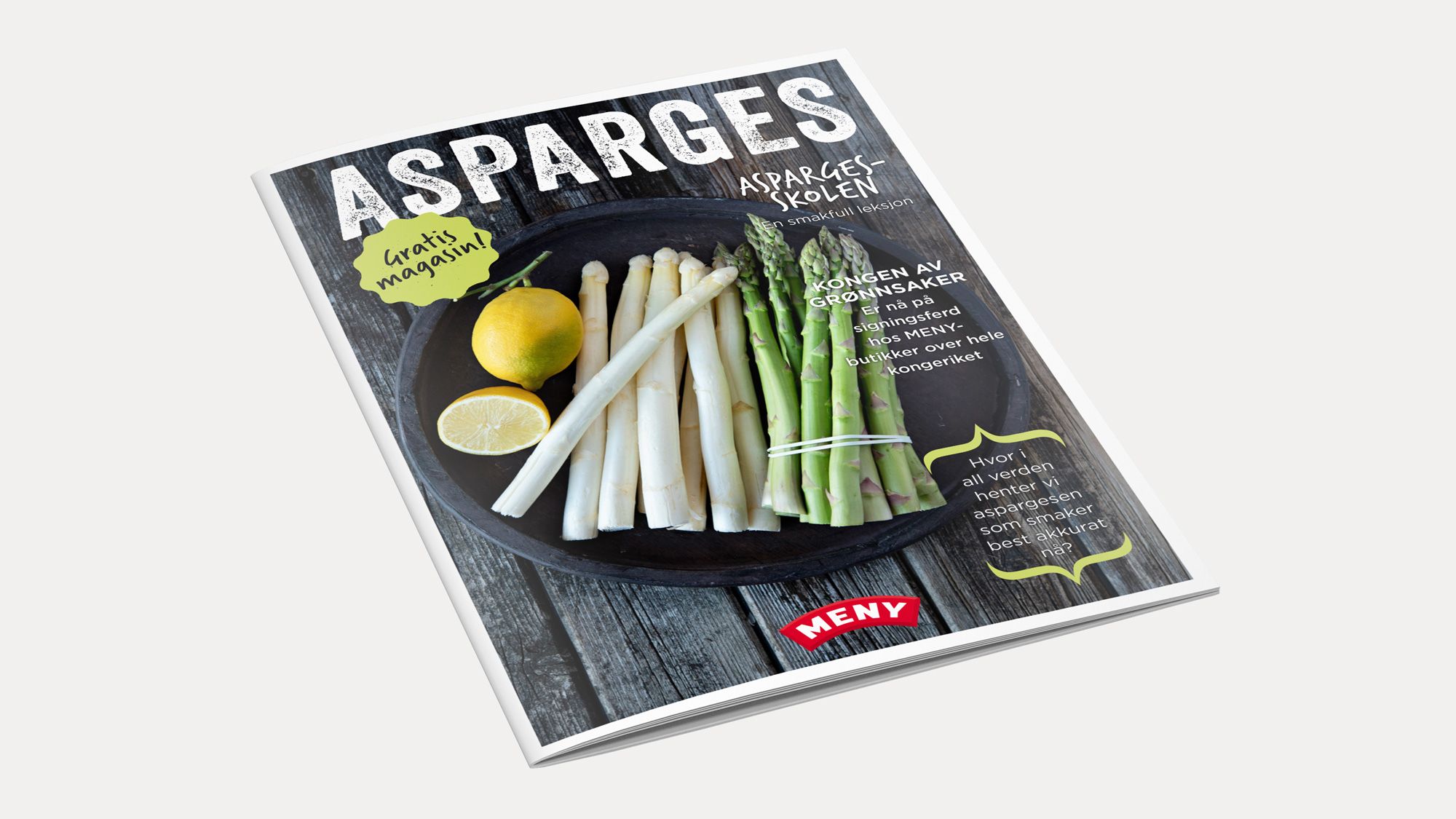 En katalog med bilder av asparges og sitroner på forsiden, med teksten 'ASPARGES' øverst.