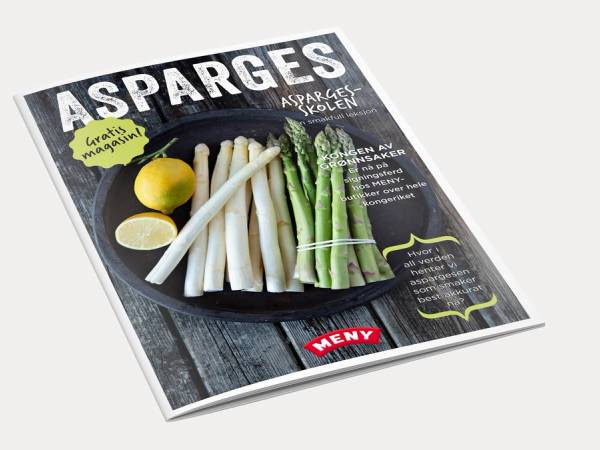 En katalog med bilder av asparges og sitroner på forsiden, med teksten 'ASPARGES' øverst.
