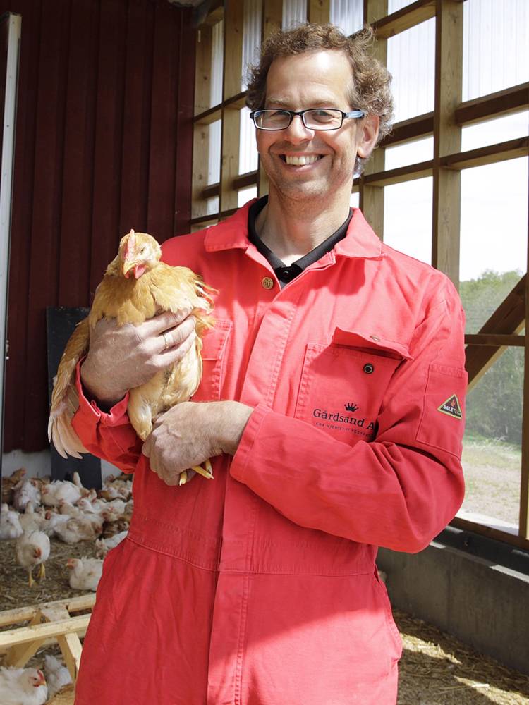 En person i rød arbeidsjakke holder en høne innendørs med en ramme av treverk i bakgrunnen.