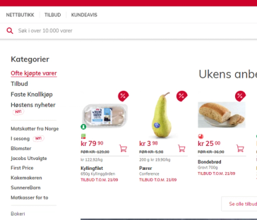 Forsiden av en nettbutikk som selger matvarer, med bilder av kjøtt, pære og brød, og priser oppgitt i norske kroner.