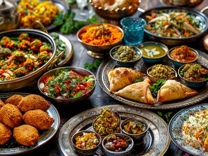 Et utvalg av indiske retter med ris, kyllingkaker, naanbrød og ulike sauser på et bord.