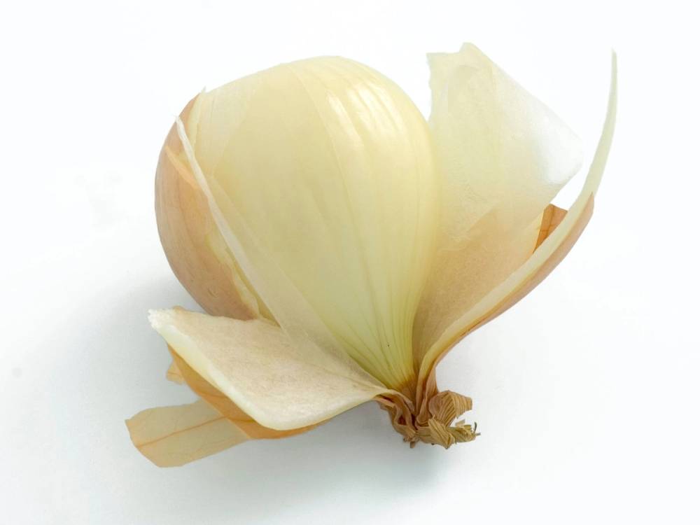 Hvitløk med finhakket del av skallet ved siden av, på en hvit bakgrunn