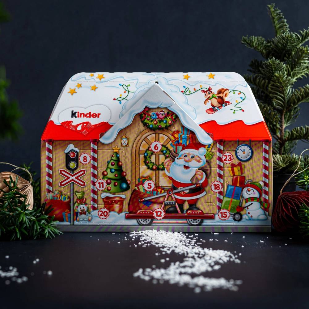 En julekalender med julemotiver og en julenisse foran, med snø på bakken og grønne planter på sidene.