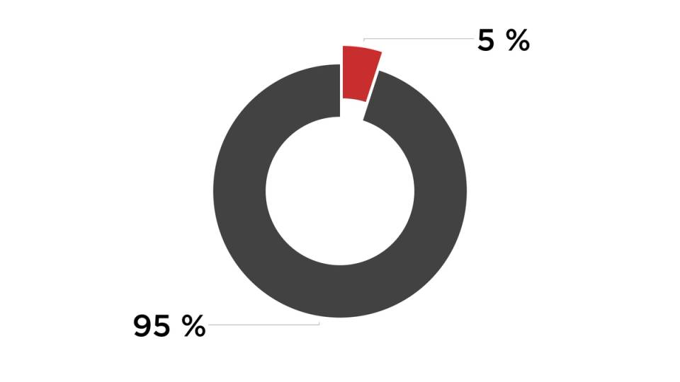 En grafikk som viser en sirkel med 95 % og 5 % markeringer, hvor 95 % er fylt med svart og 5 % er i en liten rød del.