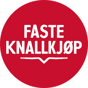 Rødt sirkelformet logo med teksten 'Faste Knallkjøp' i hvitt, og en enkel linje under teksten.