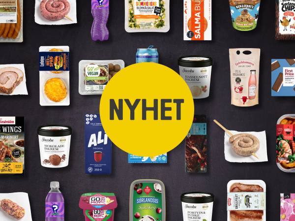 Plakat med teksten 'NYHET' foran et utvalg av ulike mat- og helsekostprodukter i en nettbutikk, på en svart bakgrunn.