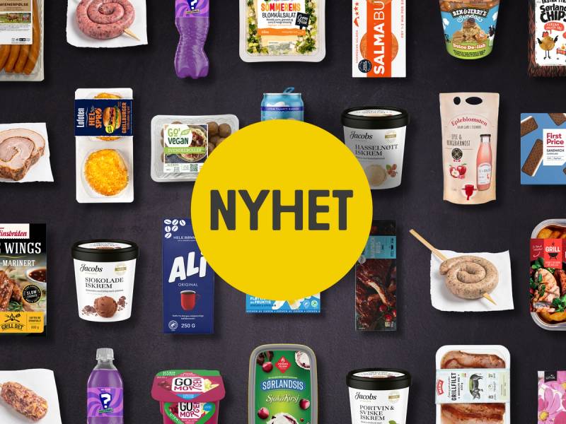 Plakat med teksten 'NYHET' foran et utvalg av ulike mat- og helsekostprodukter i en nettbutikk, på en svart bakgrunn.