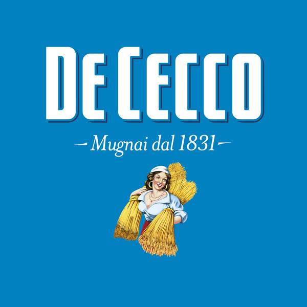 Logo for De Cecco med blå bakgrunn og en figur som holder en haug med hvete, samt teksten 'Mugnai dal 1831'.