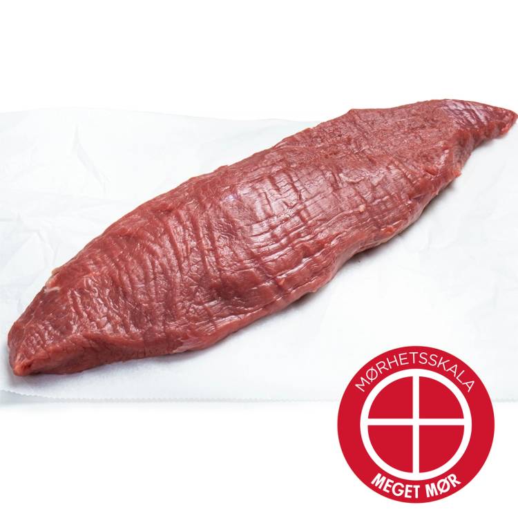 Et stykke rått kjøtt, sannsynligvis angus-teres major, plassert på hvit bakgrunn med en Mørhetsskala logo i hjørnet.
