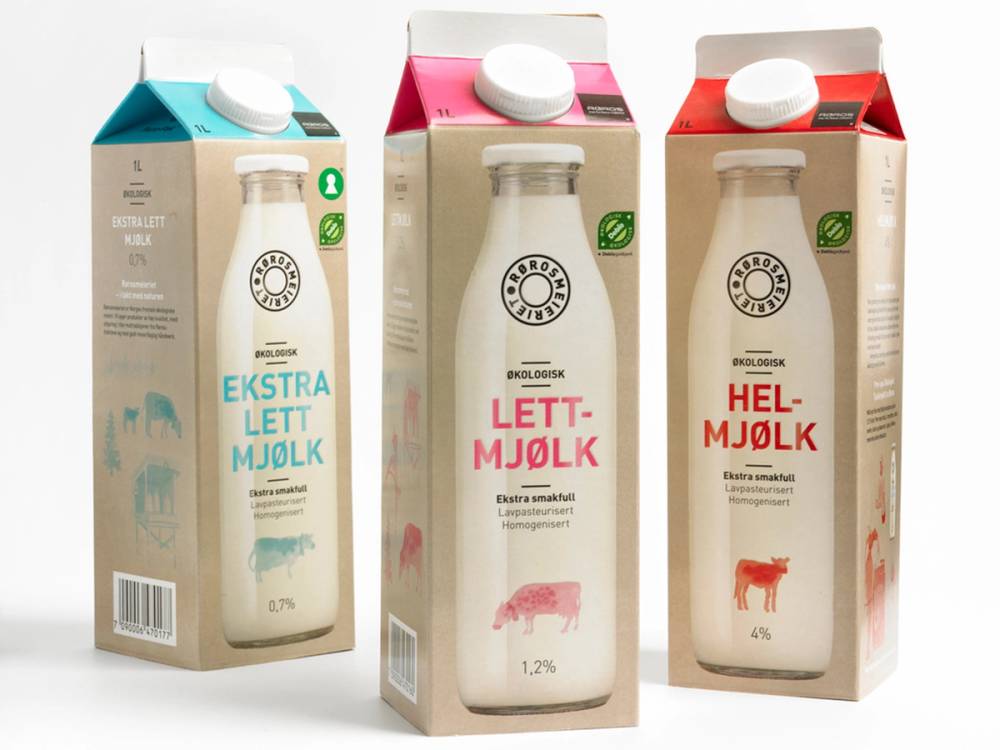 Tre kartonger med melk fra Rørosmeieriet, i ulike varianter og farger, står på rekke.