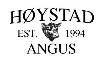 Logo med teksten Høystad Angus, etablert i 1994, med et bilde av en okse i midten.