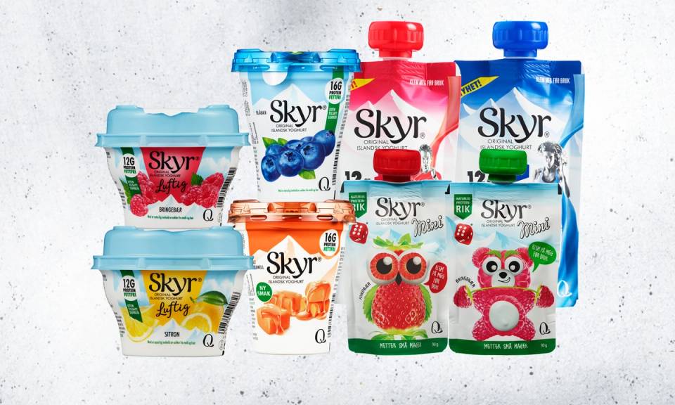Samlebilde av ulike Skyr-produkter fra Q-Meieriene.