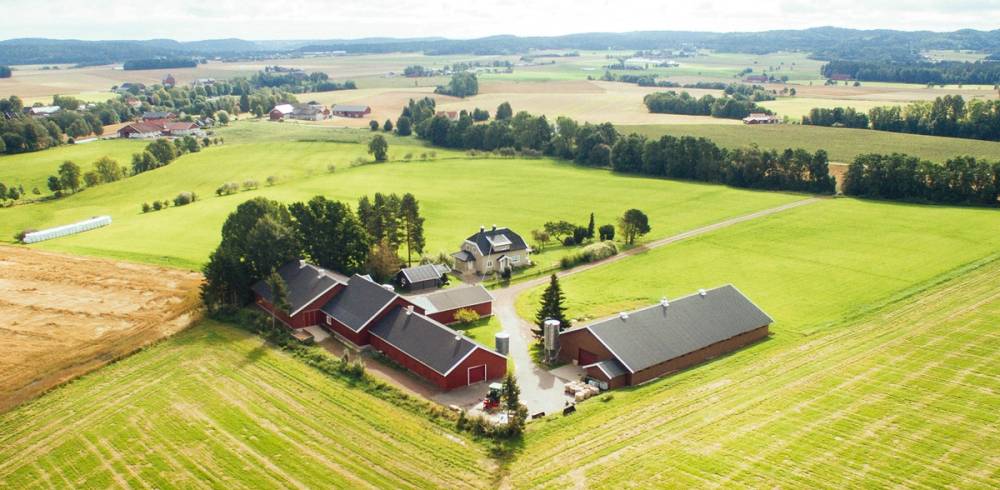 En gård med flere bygninger omgitt av grønne jordbruksområder og åpne landskap.