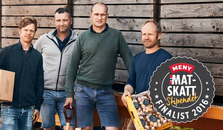 Fire personer står foran en trevegg, og en av dem holder en eske med egg, med en logo for Mat-skatt og en medalje for beste matprodusent 2016 i bildet.