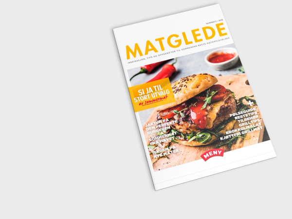 Forside av en matmagasin med bilder av en burger og pommes frites, med overskriften 'MATGLEDE'.