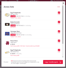 Skjermbilde av en digital handleliste med ulike matvarer og priser, og en knapp for å legge til varer i handlekurven.