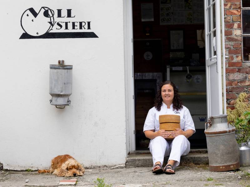 En person med ukjent kjønn som sitter på trappen foran en bygning med en åpen dør, og holder en kasse med brød, mens en hund ligger ved siden av.