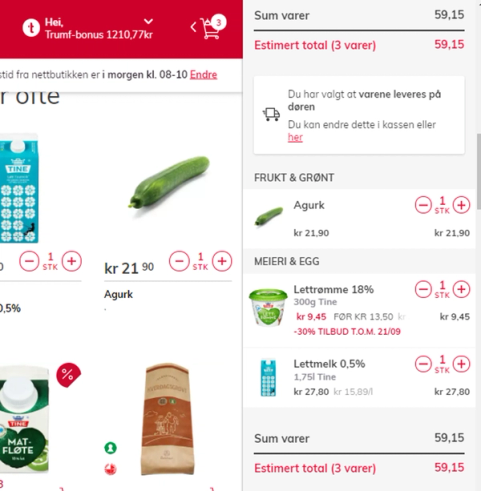 En handlevogn med en agurk og en pakke med lettmelk, med priser og antall varer vist på skjermen.