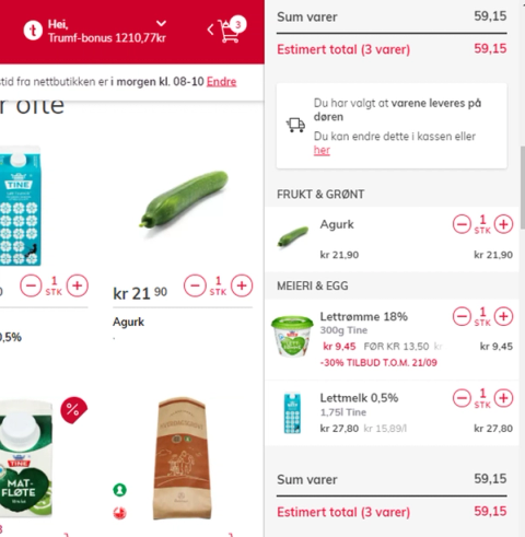 En handlevogn med en agurk og en pakke med lettmelk, med priser og antall varer vist på skjermen.