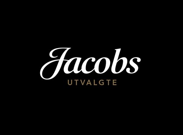 Elegant hvit tekst som sier "Jacobs" på en svart bakgrunn, med "UTVALGTE" i mindre gullfarget skrift under.