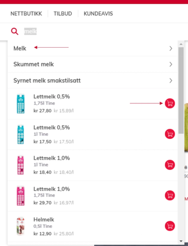 Skjermbilde av en nettbutikk med en søkefelt og resultater for melk, inkludert ulike typer lettmelk og helmelk med priser og handlekurv-ikoner.