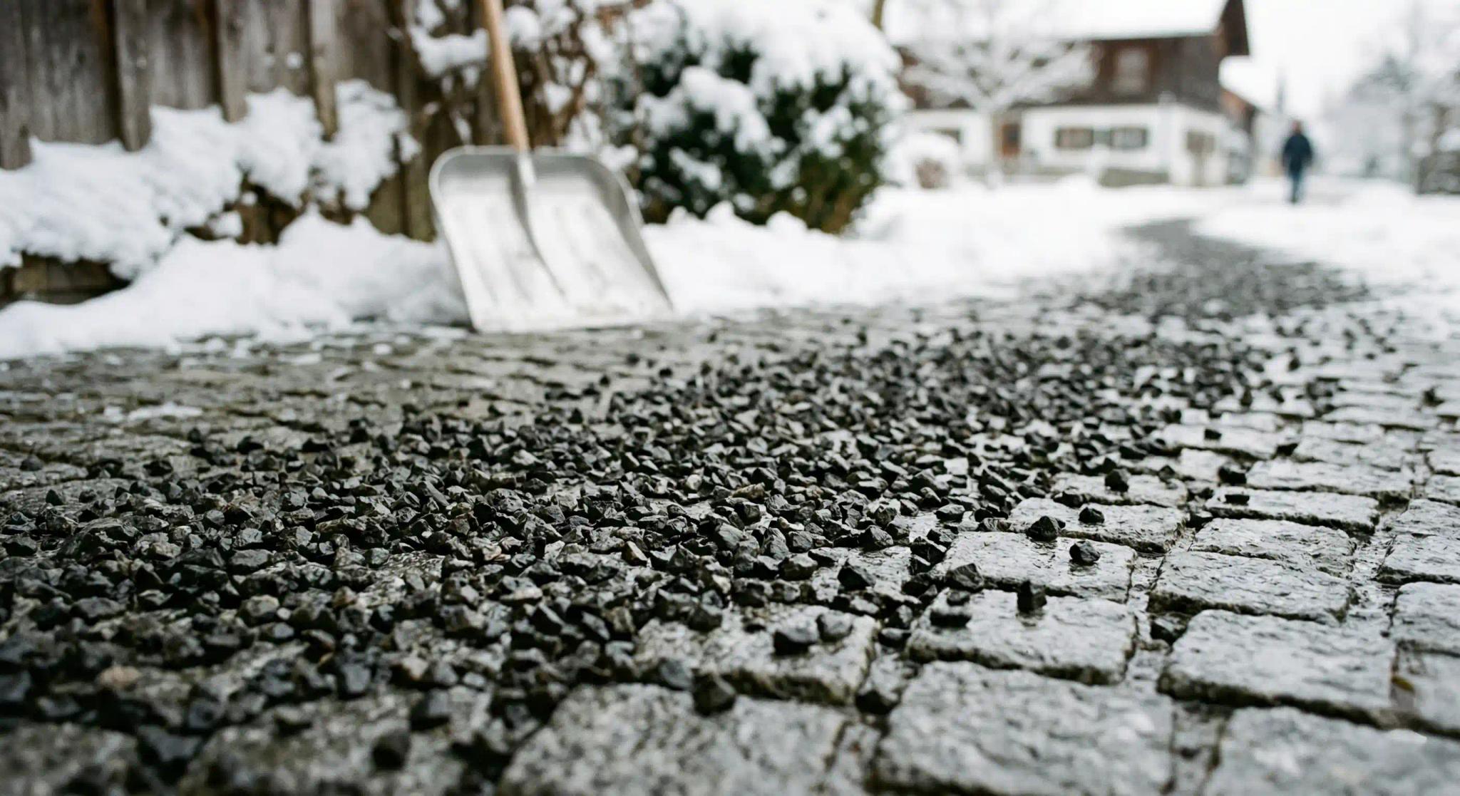 Umweltfreundlicher Streusplitt auf einem geräumten Gehweg im Winter