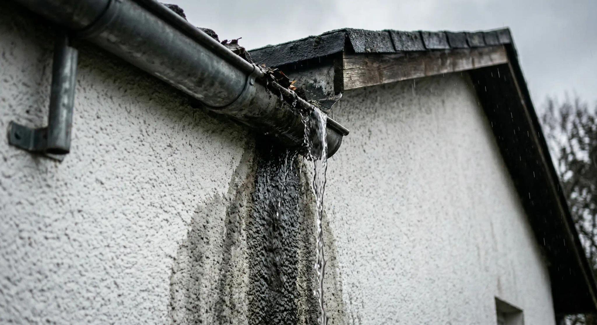 Regenwasser läuft aus einer verstopften Dachrinne über eine weiße Hausfassade
