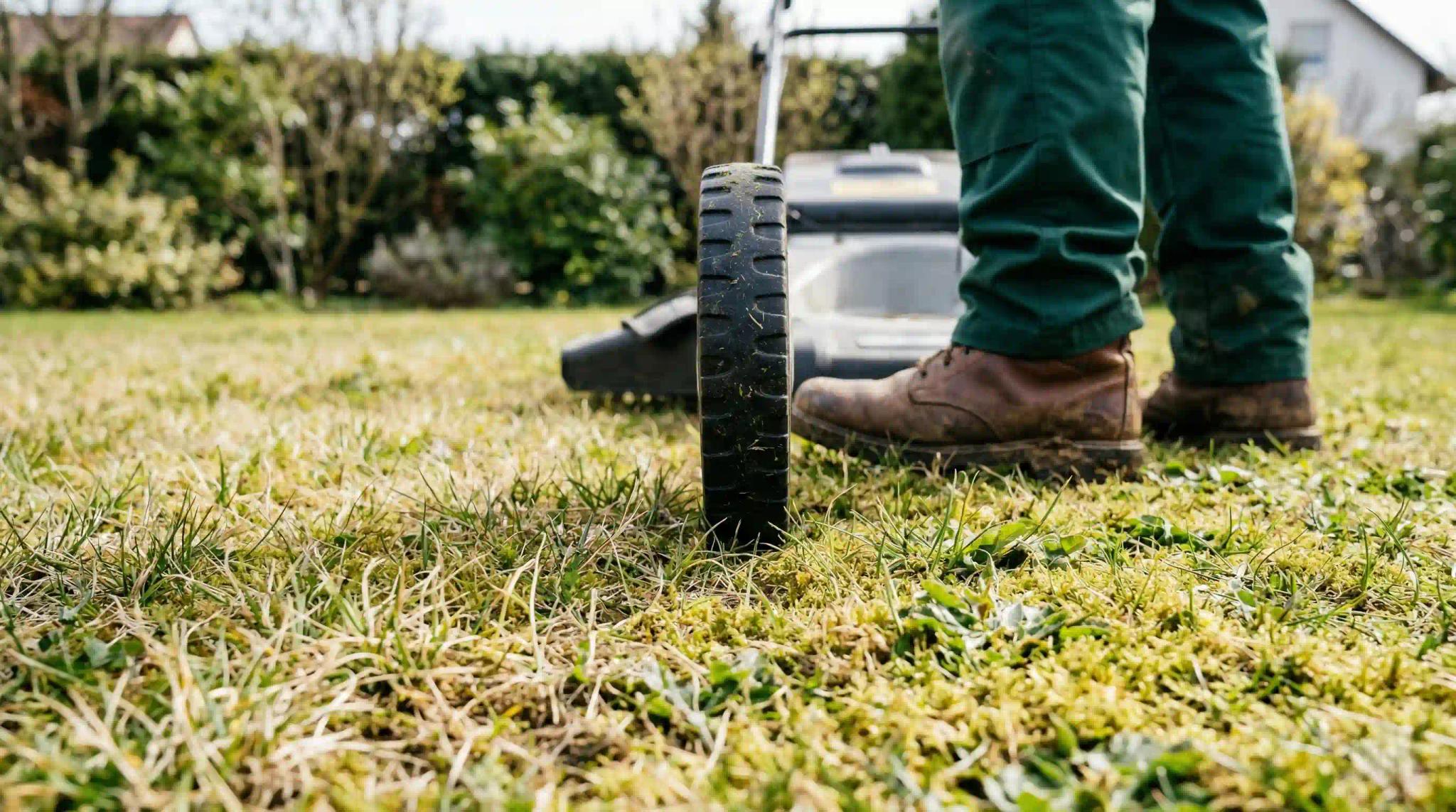 Nahaufnahme eines Rasenmähers auf einem noch braunen und lückenhaften Rasen im Frühling.