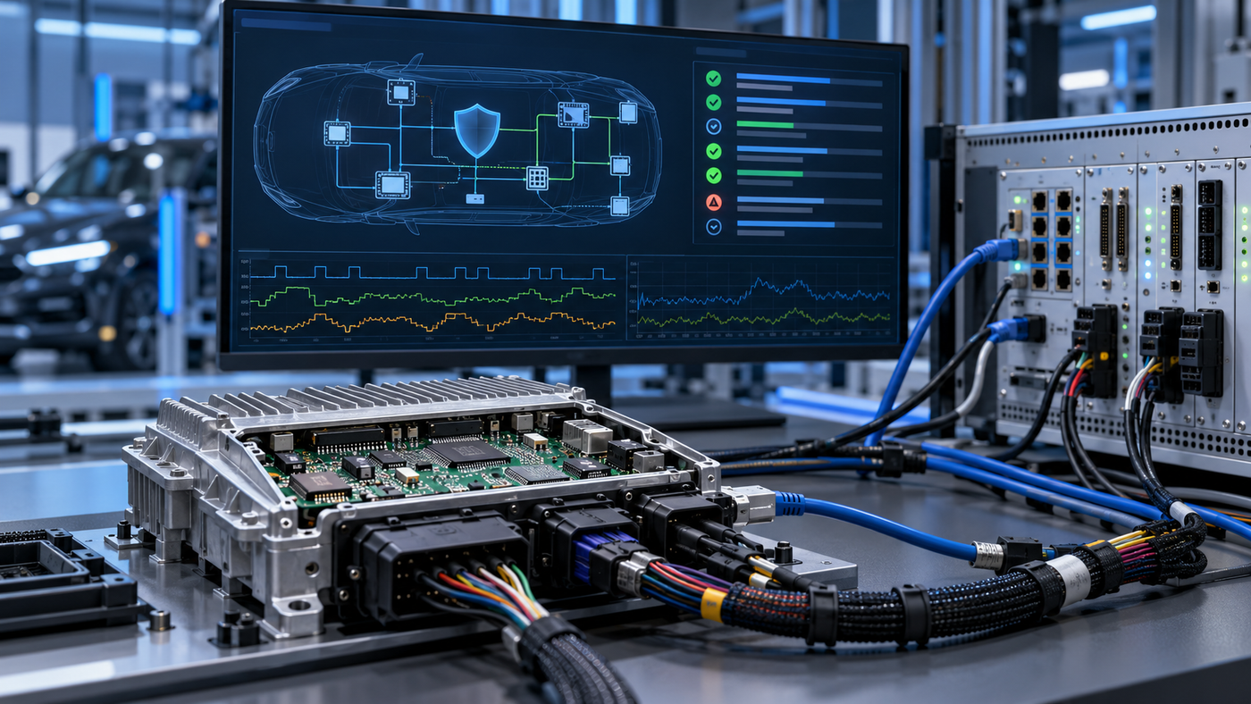 Illustration of an automotive controller connected to a HIL rack, with network security tests and signal traces on a monitor.