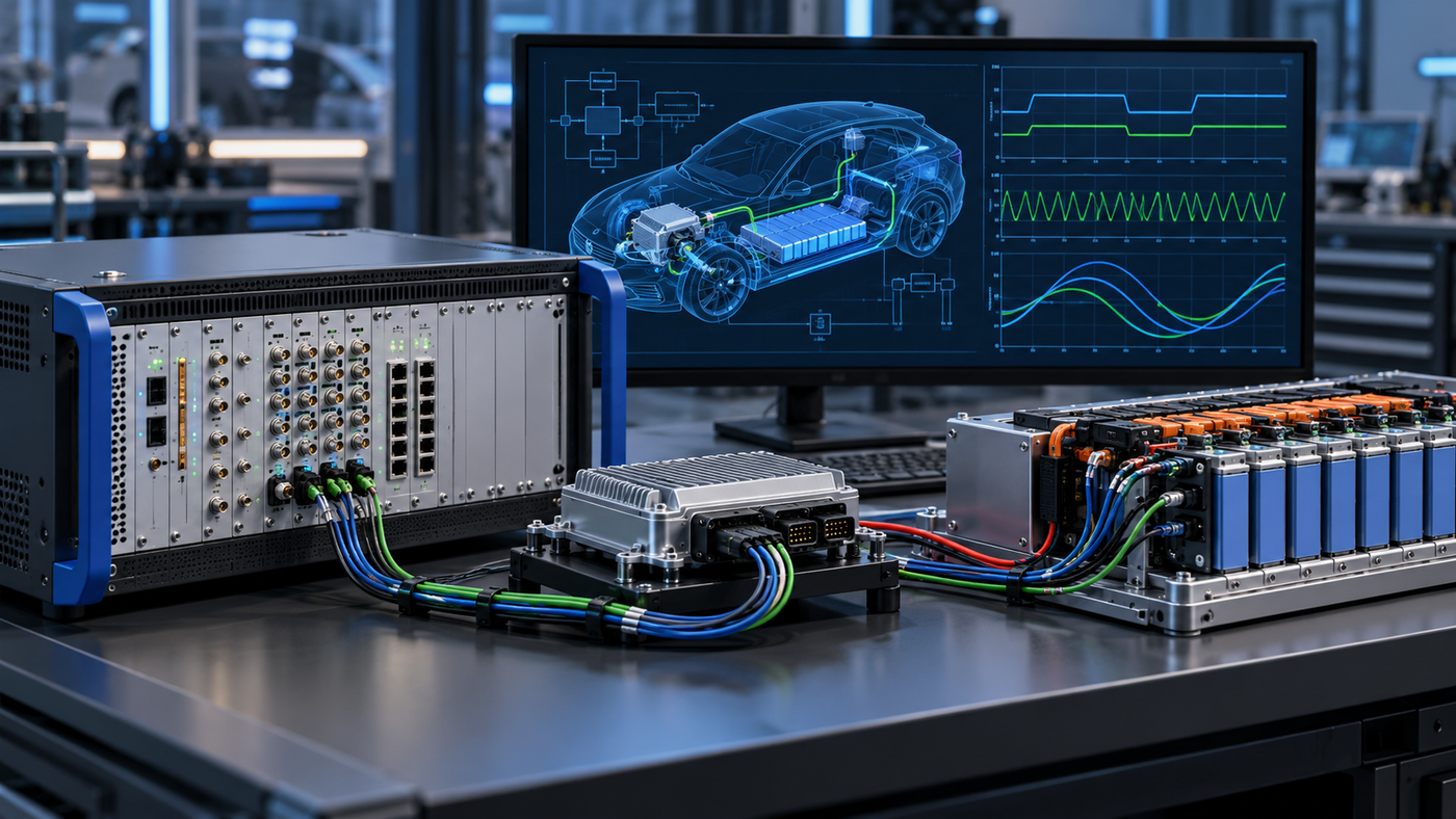 Illustration of an EV battery-management controller connected to a HIL rack and cell emulator, with vehicle simulation traces.