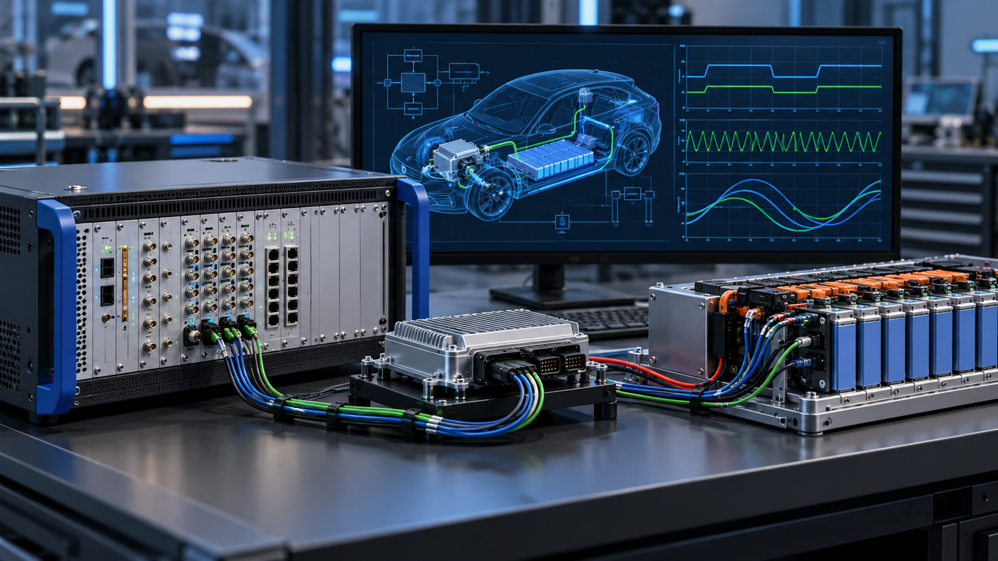 Illustration of an EV battery-management controller connected to a HIL rack and cell emulator, with vehicle simulation traces.