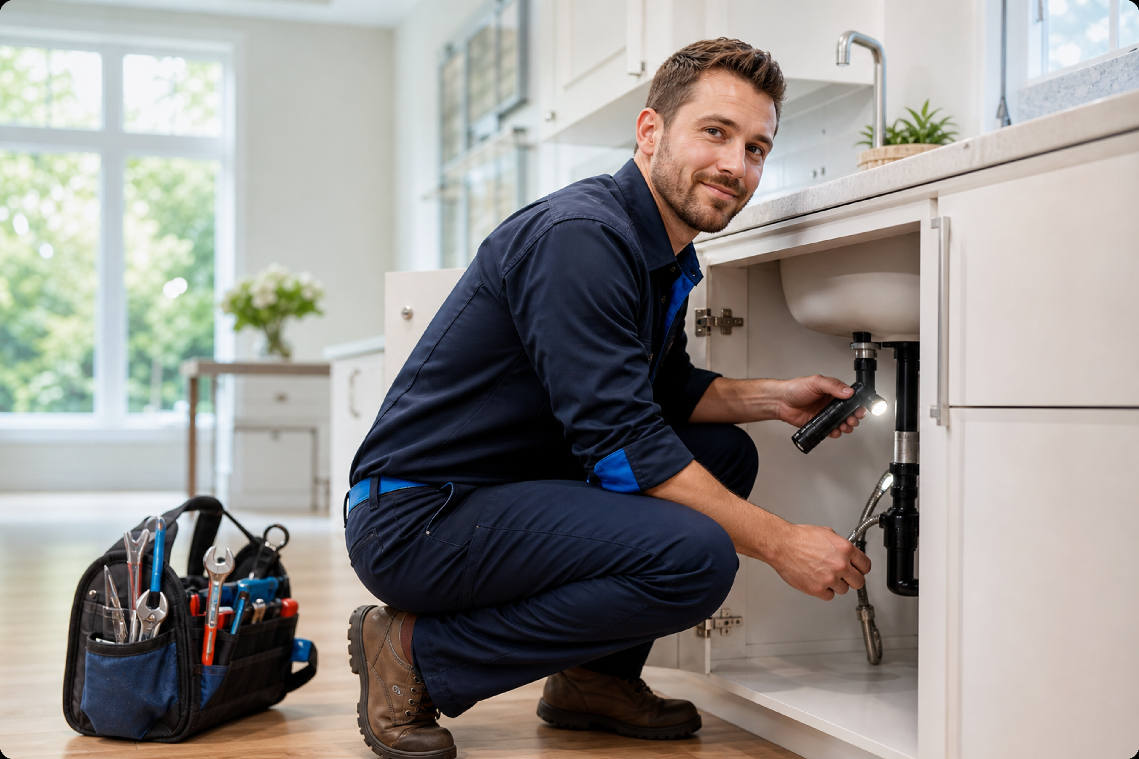 Licensed plumber from 211 Plumbing & Drains at work