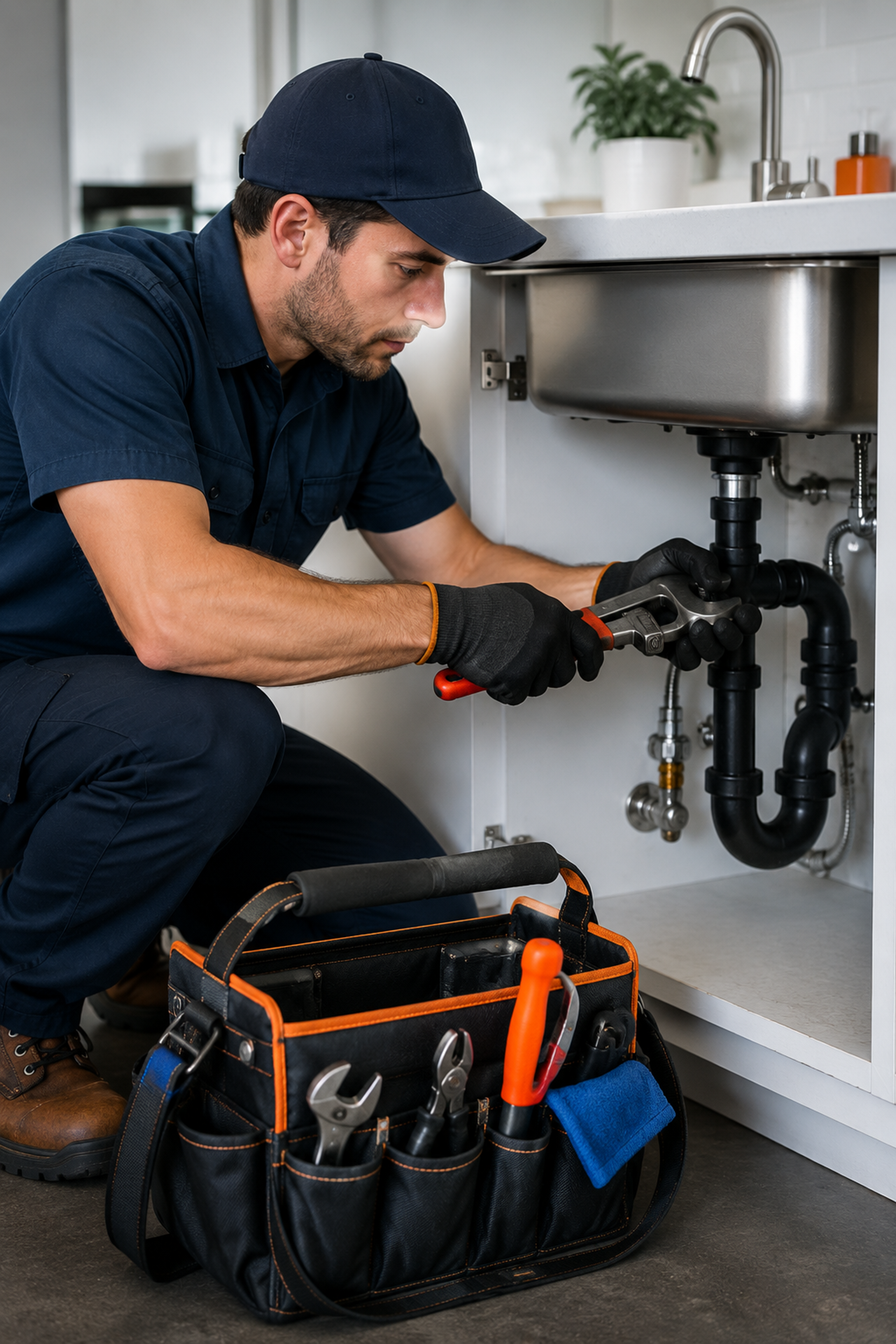 plumber fixing a pipe under a sink
